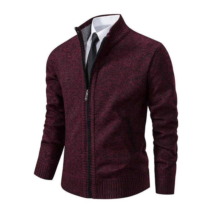 Burgundy knit zip cardigan at an angle, showing the zipper, pocket and ribbed cuffs 19