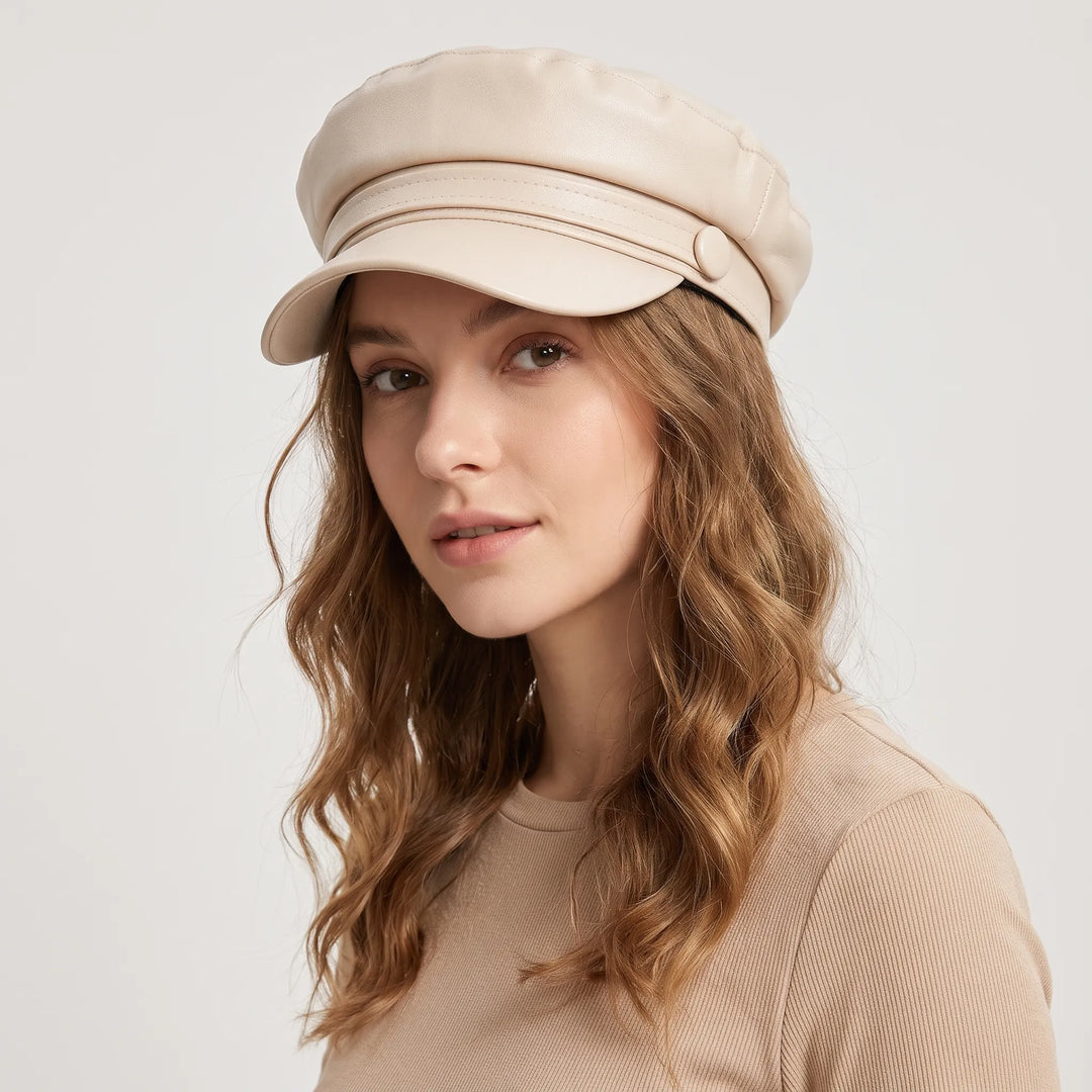 Woman with long wavy hair wearing the cream cap tilted slightly, in a beige ribbed top 19