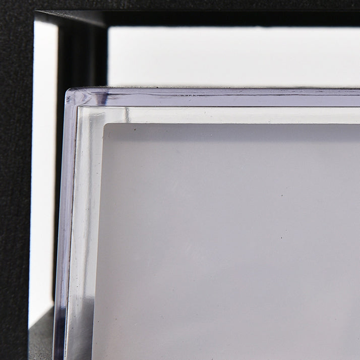 Close-up of the clear acrylic shell and frosted white diffuser panel of the lamp, seen behind the black frame. 6