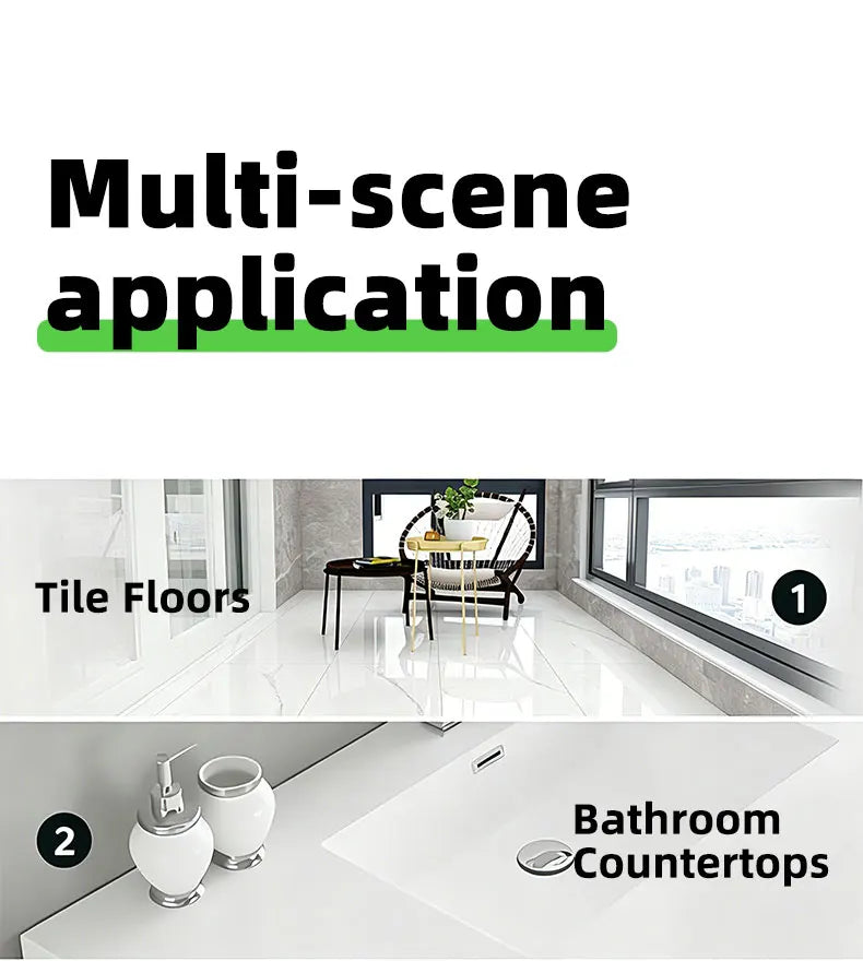 Two room scenes showing a bright tile floor by a window and a white bathroom countertop with soap dispenser 19