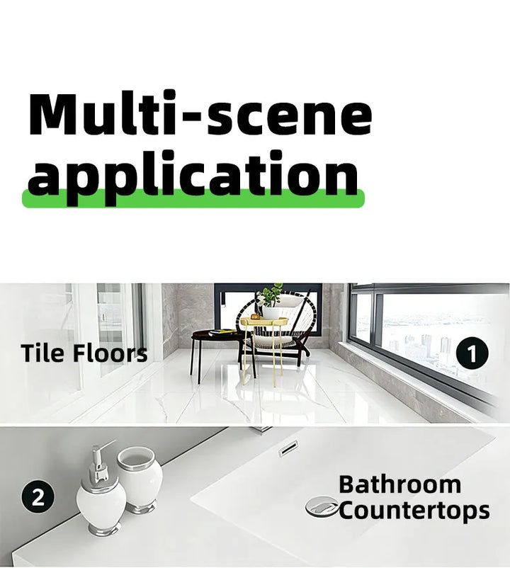 Two room scenes showing a bright tile floor by a window and a white bathroom countertop with soap dispenser 19
