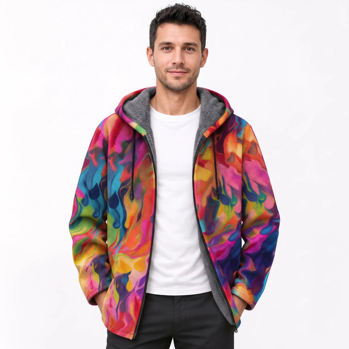 Man wearing the open hooded jacket in a vivid rainbow abstract melting pattern over a white tee 19