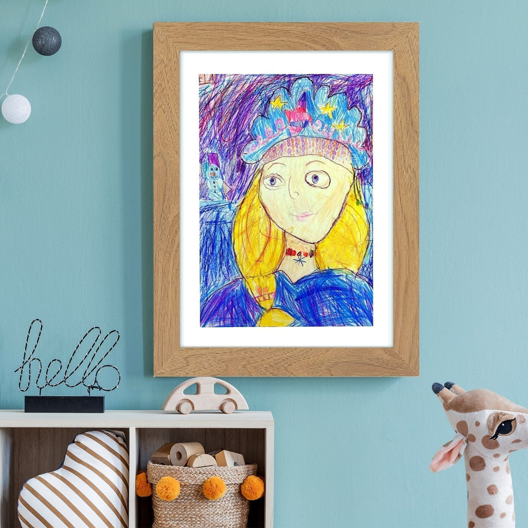 Wood-tone kids art frame on a teal wall displaying a child's crayon portrait of a girl with a crown.