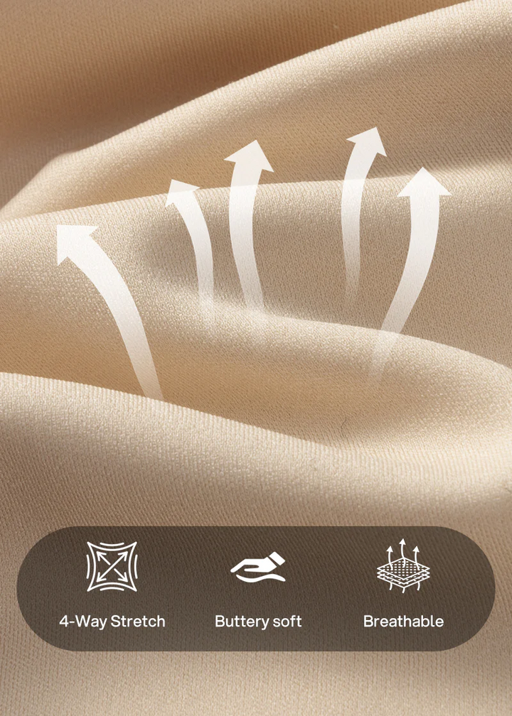 Close-up of the beige stretch fabric with arrows and icons indicating four-way stretch, buttery softness and breathability.