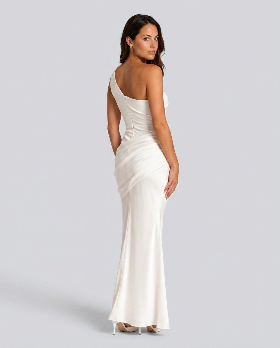 Ivory one-shoulder satin maxi dress, back detail view