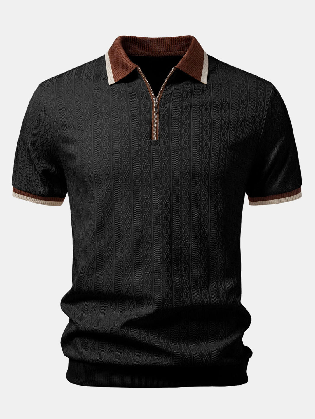 Black polo with a brown contrast collar, cream-striped cuffs, silver quarter zip, and tonal cable-knit texture.