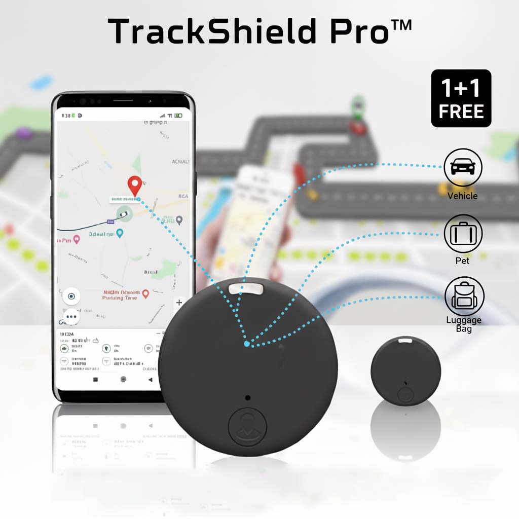 Black round tracker beside a smartphone showing a map with a red location pin.