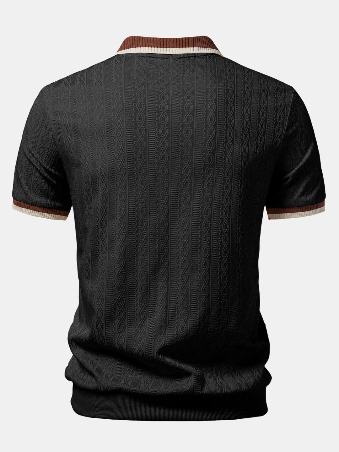 Black textured knit polo from the back with the tonal cable pattern, striped collar edge, sleeve cuffs, and ribbed hem.