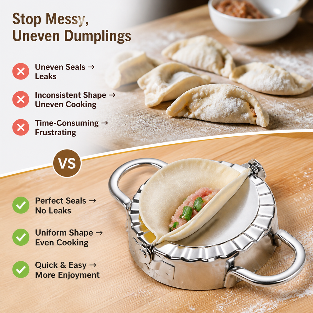 Comparison of uneven hand-folded dumplings above and a filled dough round in the steel mold below 2