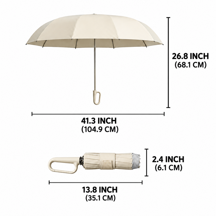 Cream umbrella detail showing its width, height, closed length and diameter.