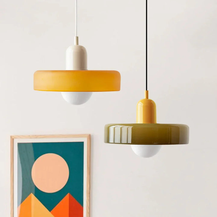 Bauhaus Stained Glass Pendant Lamp in two hanging shades, orange and olive green