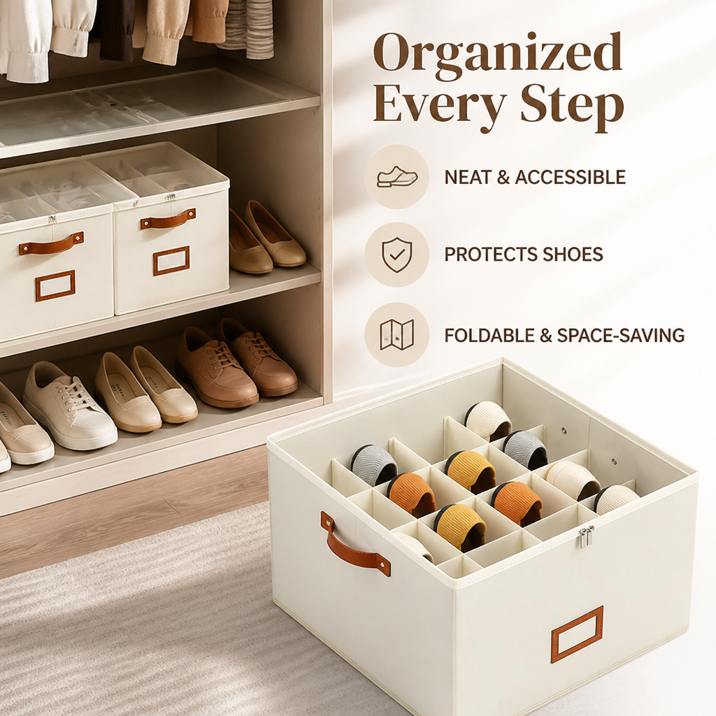 Cream fabric shoe organizer open on a rug beside a closet shelf holding boxed and loose shoes, with feature icons. 2