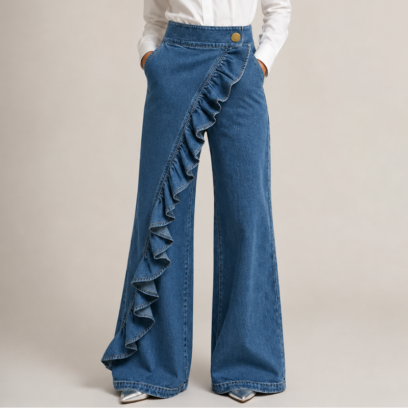 Mid-blue wide-leg denim pants with a diagonal ruffle and gold button, front view.