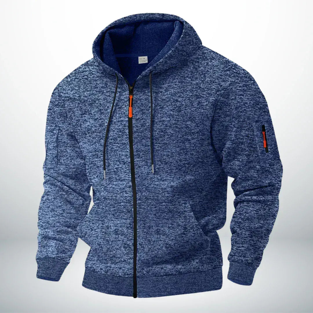 Front view of the hoodie in heathered blue, with orange zipper pulls and soft lining inside the hood 1