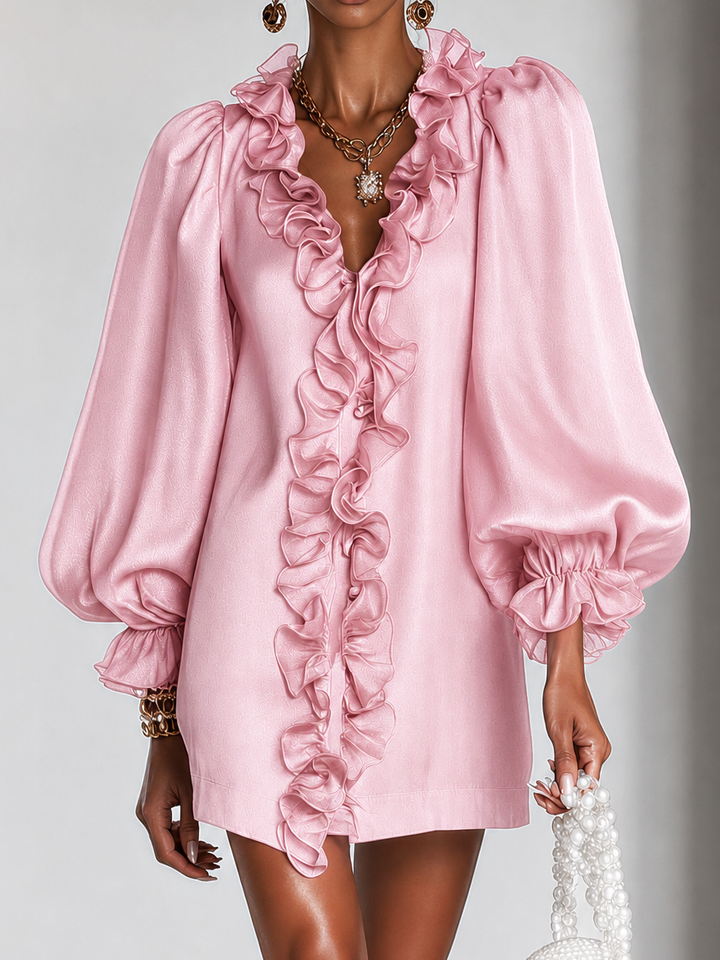 Pink ruffled mini dress, detail