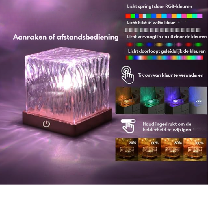 Cube lamp with ridged glass glowing pink on a touch-control base, with panels showing color modes and brightness levels in Dutch. 5