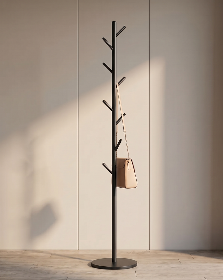 Black tree-style coat rack with a tan crossbody bag hanging from a hook, beside a paneled wall 1