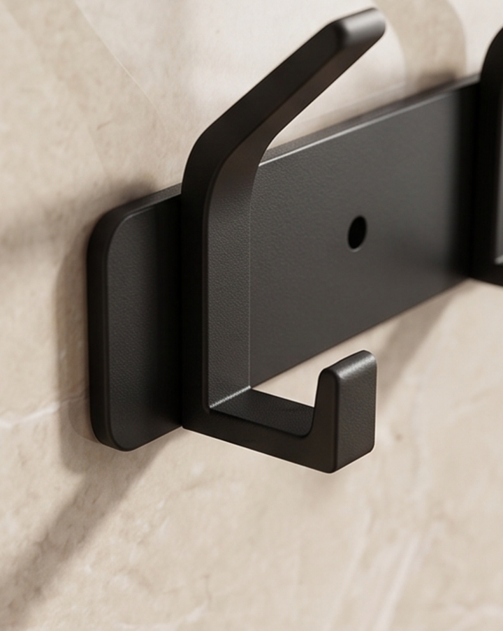 Black rack detail showing the end hook and rounded corner of the mounting bar against a marble-look wall.