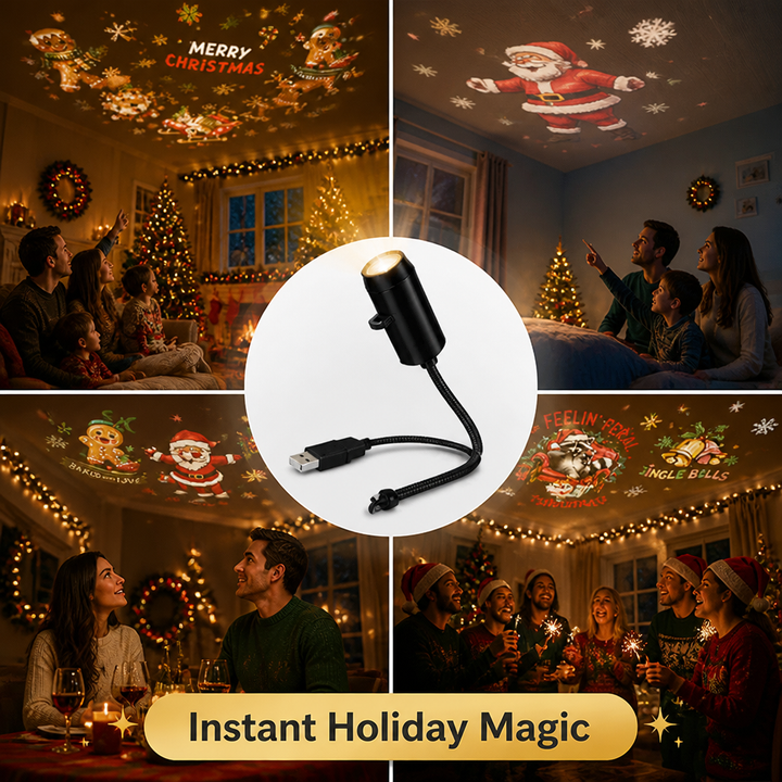 Black projector in a collage with people viewing Christmas images in festive rooms.