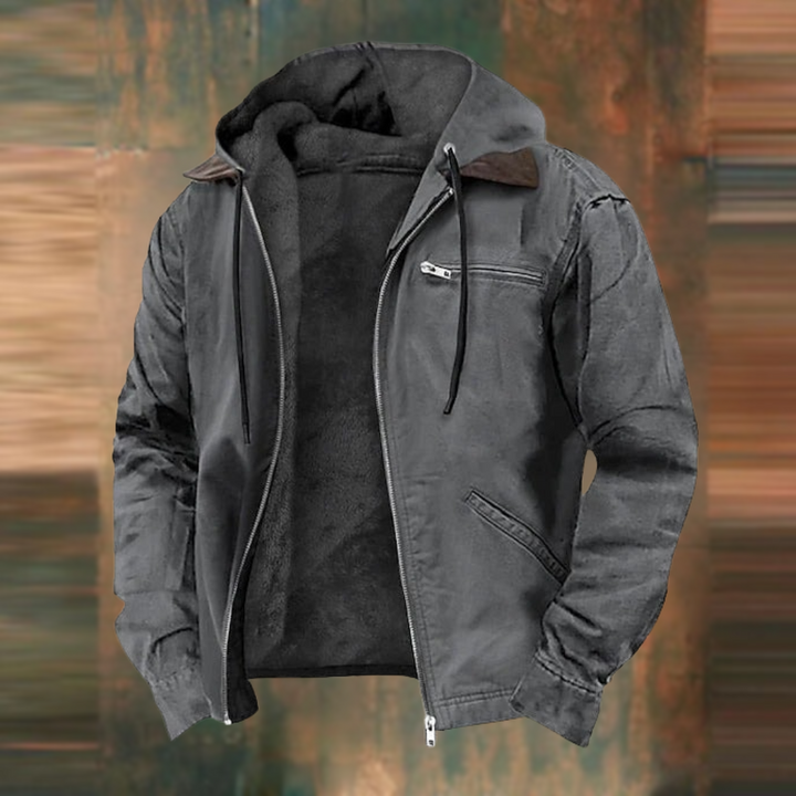 Same hooded jacket in charcoal gray, open at the front with dark fleece lining, silver zipper and side pocket. 4