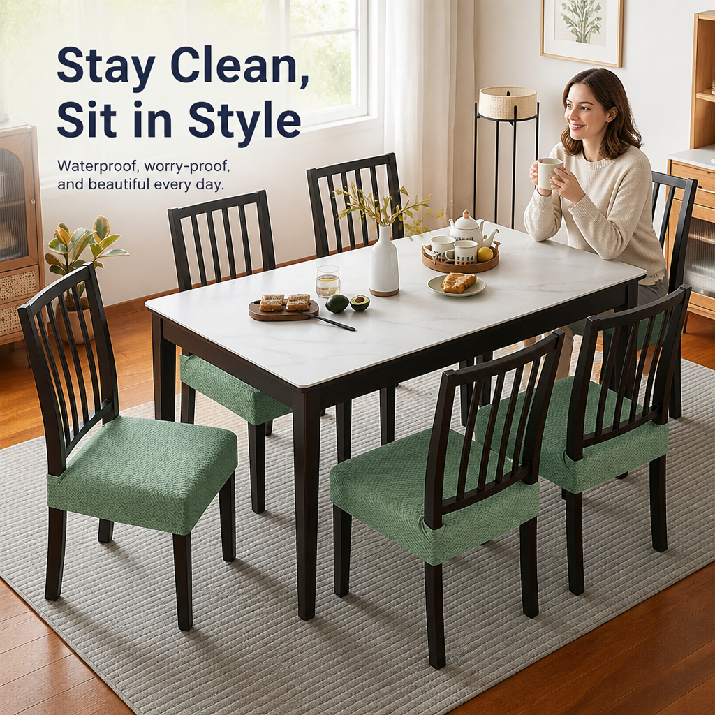 Green textured chair covers on dining chairs around a marble-top table.