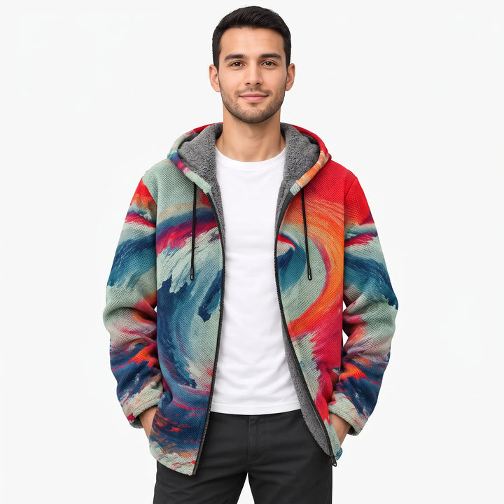 Man wearing the open zip hooded jacket in a swirling wave print with gray fleece lining 1