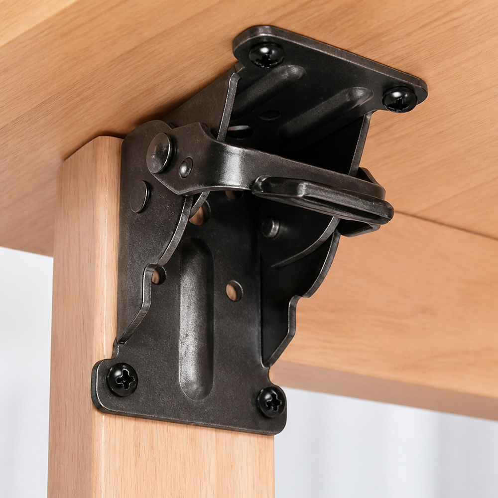 Black steel folding bracket locked open under a wooden tabletop and leg.