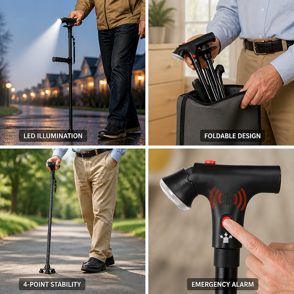Black folding cane detail showing the light, folded bag, walking use and alarm button.