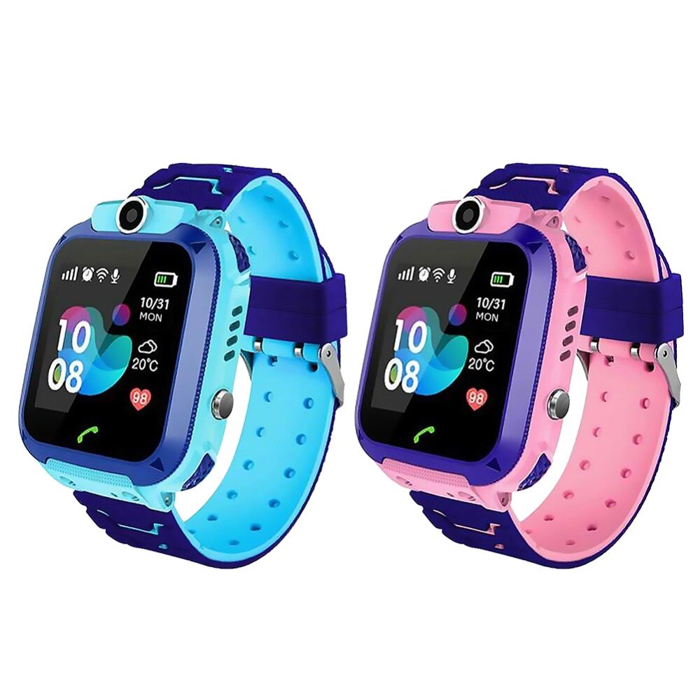Two square-faced kids smartwatches side by side, one with a light blue and navy strap and one with pink and navy, both showing a colorful clock face. 1