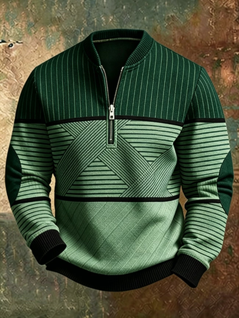 Green colorway of the half-zip sweater, dark green yoke and mint lower panel with black ribbed cuffs, front view 5