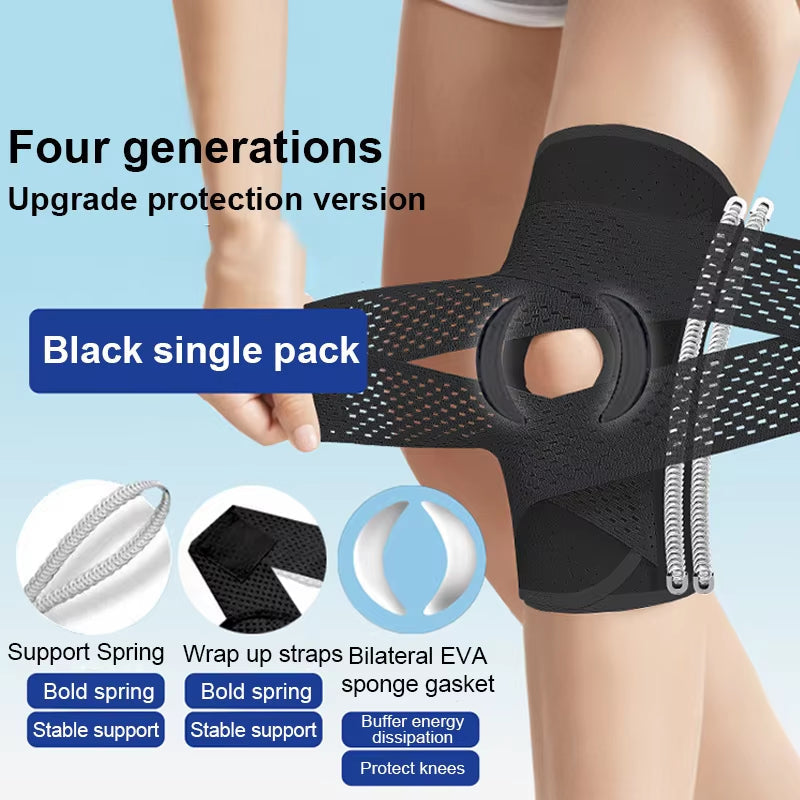 Black knee wrap with side spring supports and crossed straps, with small circles showing the spring, strap and curved side pads. 4