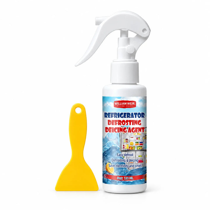 White trigger spray bottle with a blue label, shown beside a yellow plastic scraper on white 1