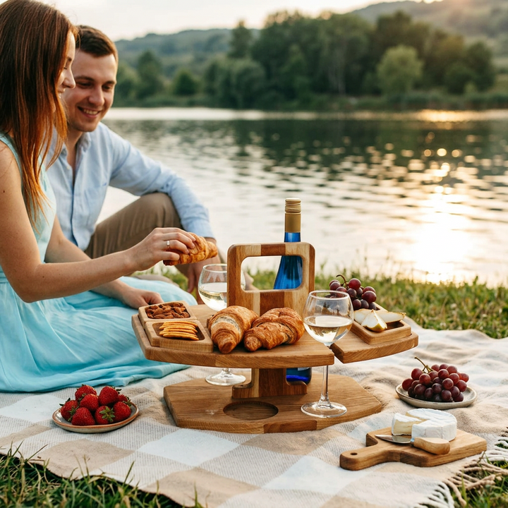 Couple sitting on a checked blanket by a lake, sharing croissants from the wooden table 1