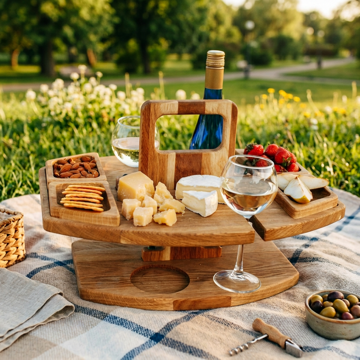 Wooden two-tier table on a picnic blanket in a park, holding wine, cheese, crackers and strawberries 1