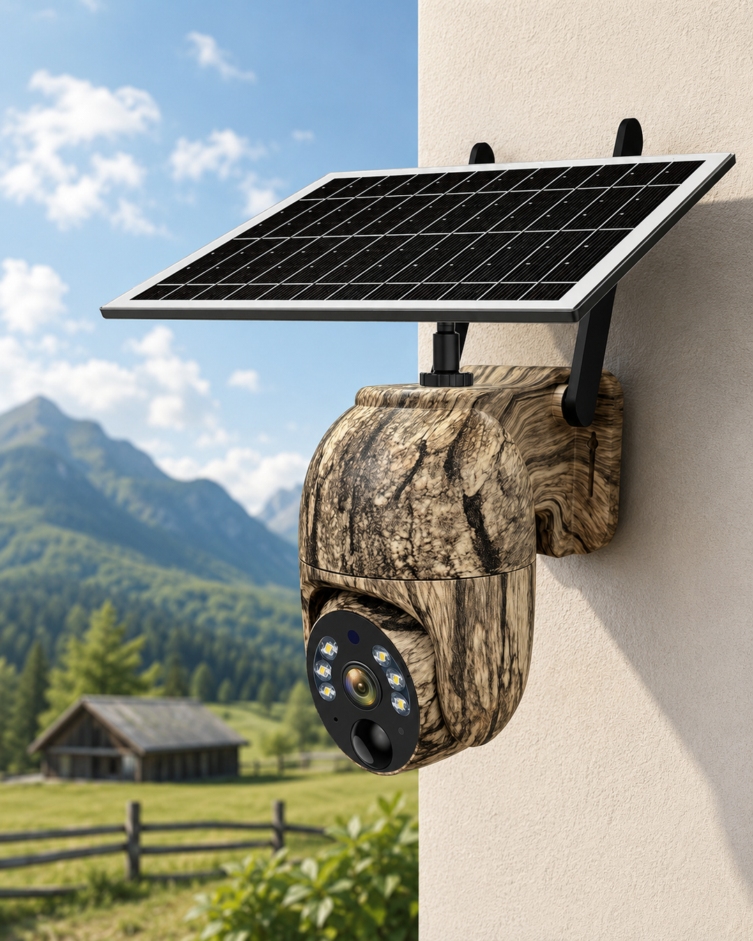 Wood-grain camouflage camera with tilted solar panel mounted on a cream wall, with mountains and a wooden barn in the background.