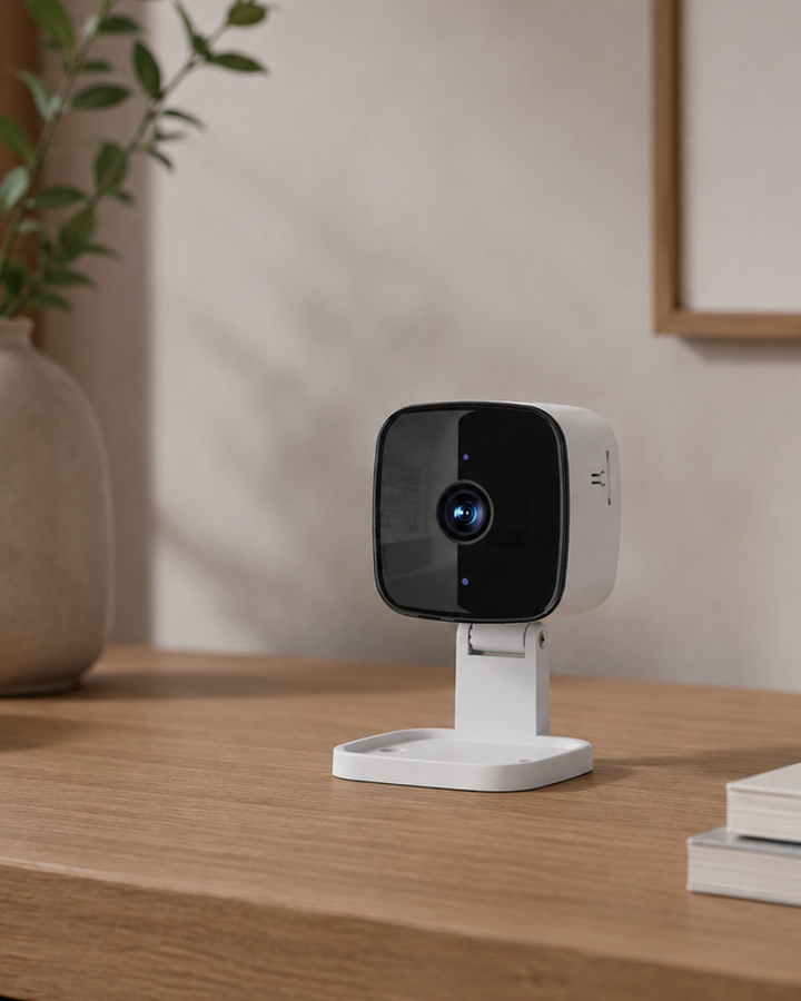 White compact security camera with a black glossy front and fold-out stand, sitting on a wooden shelf beside a vase and books. 1