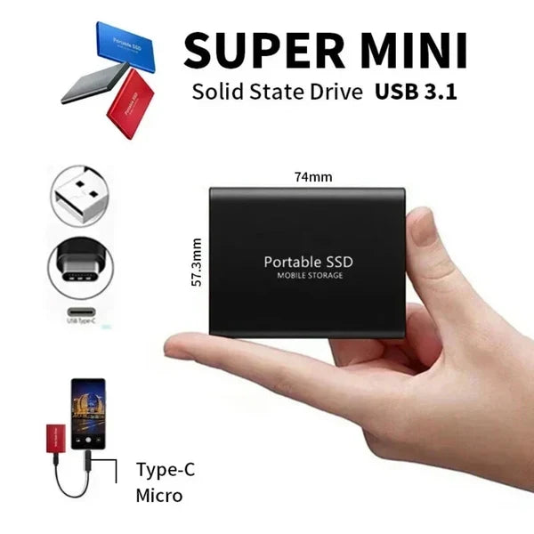 Hand holding a black pocket-sized drive to show its small size, with its dimensions, USB and Type-C connector diagrams and a phone connection sketch. 4