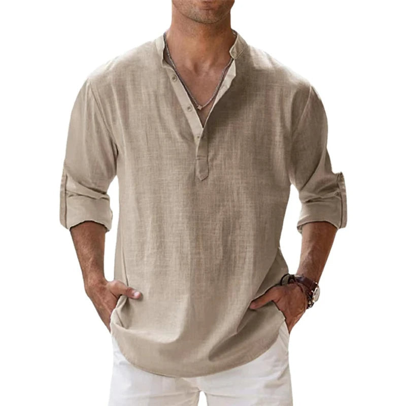 Men's linen Henley shirt in beige with rolled sleeves and a button neck.