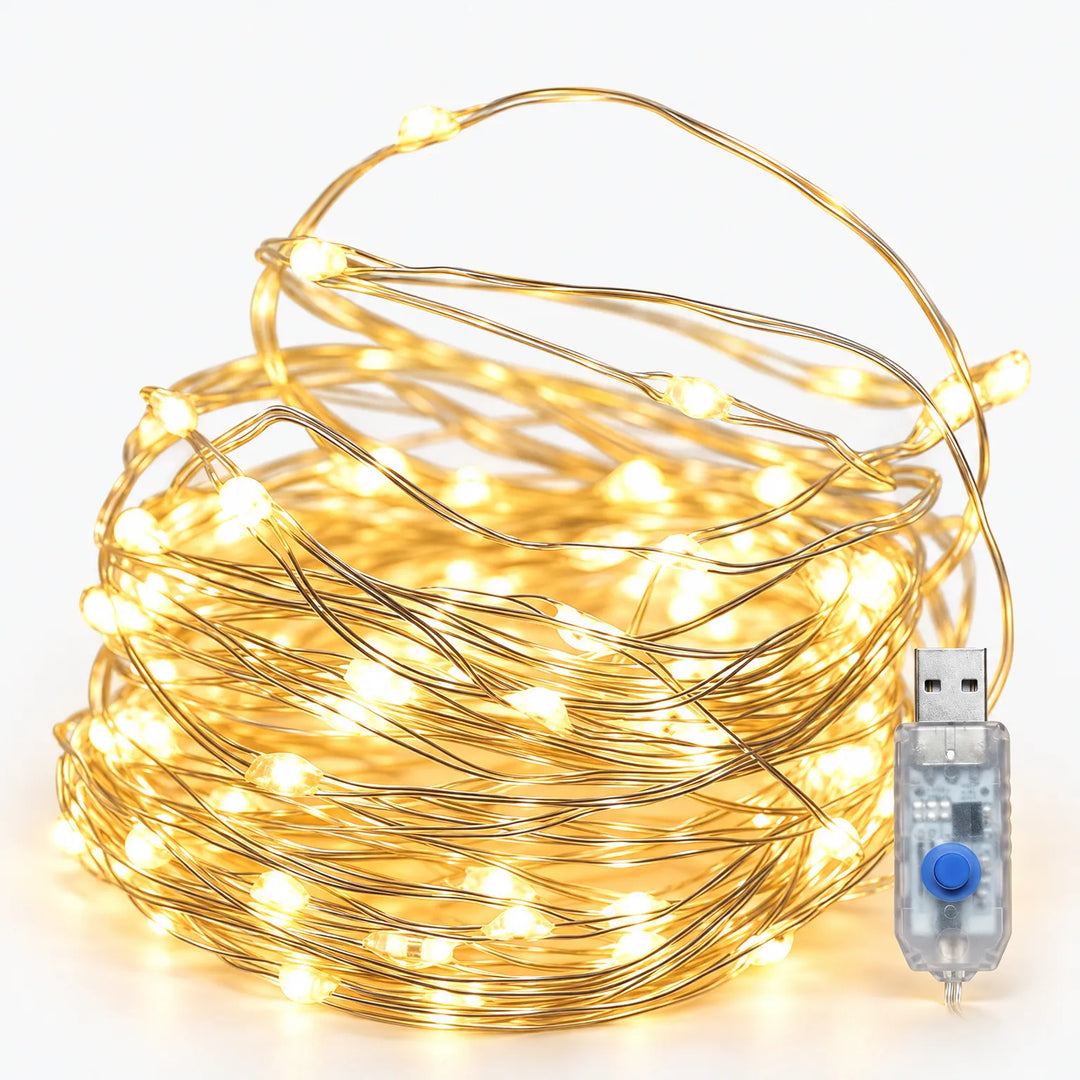 Coiled warm white fairy light string glowing, with a clear USB plug and blue button 1