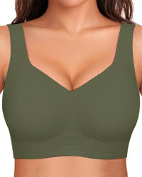 Small front view of the bra in solid olive green with wide straps and ribbed lower band. 3