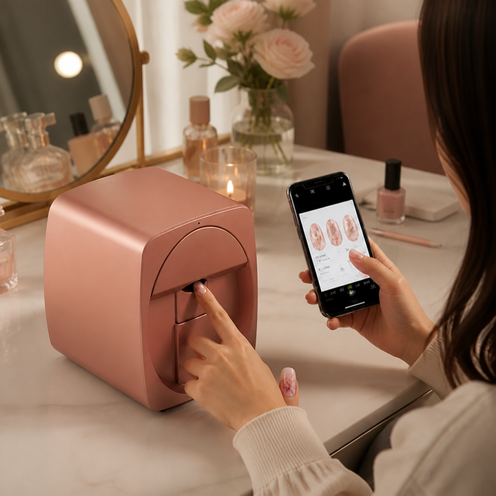 Woman at a vanity holds a smartphone showing nail designs while pressing a fingertip into the pink printer's slot. 2