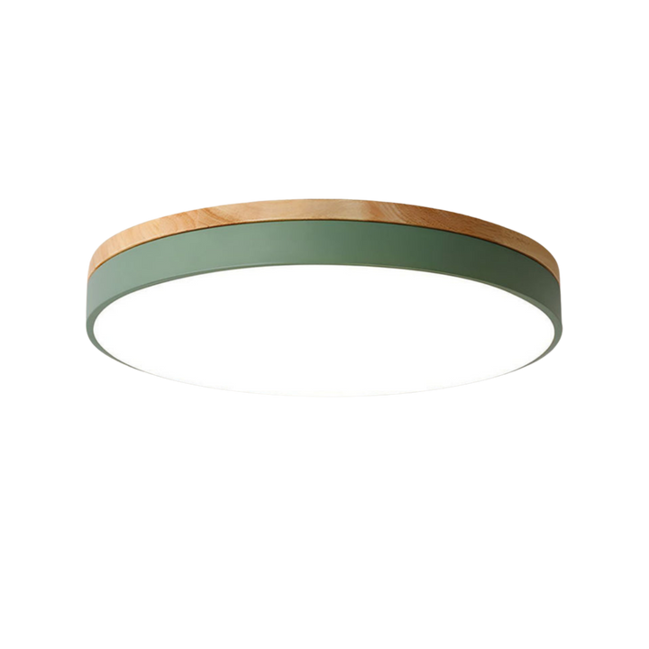Green flat disc ceiling light with a wood-grain top band and white diffuser, shown alone on a white background. 5