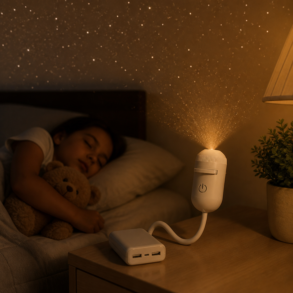 Child asleep hugging a teddy bear while the projector scatters golden stars across the wall.