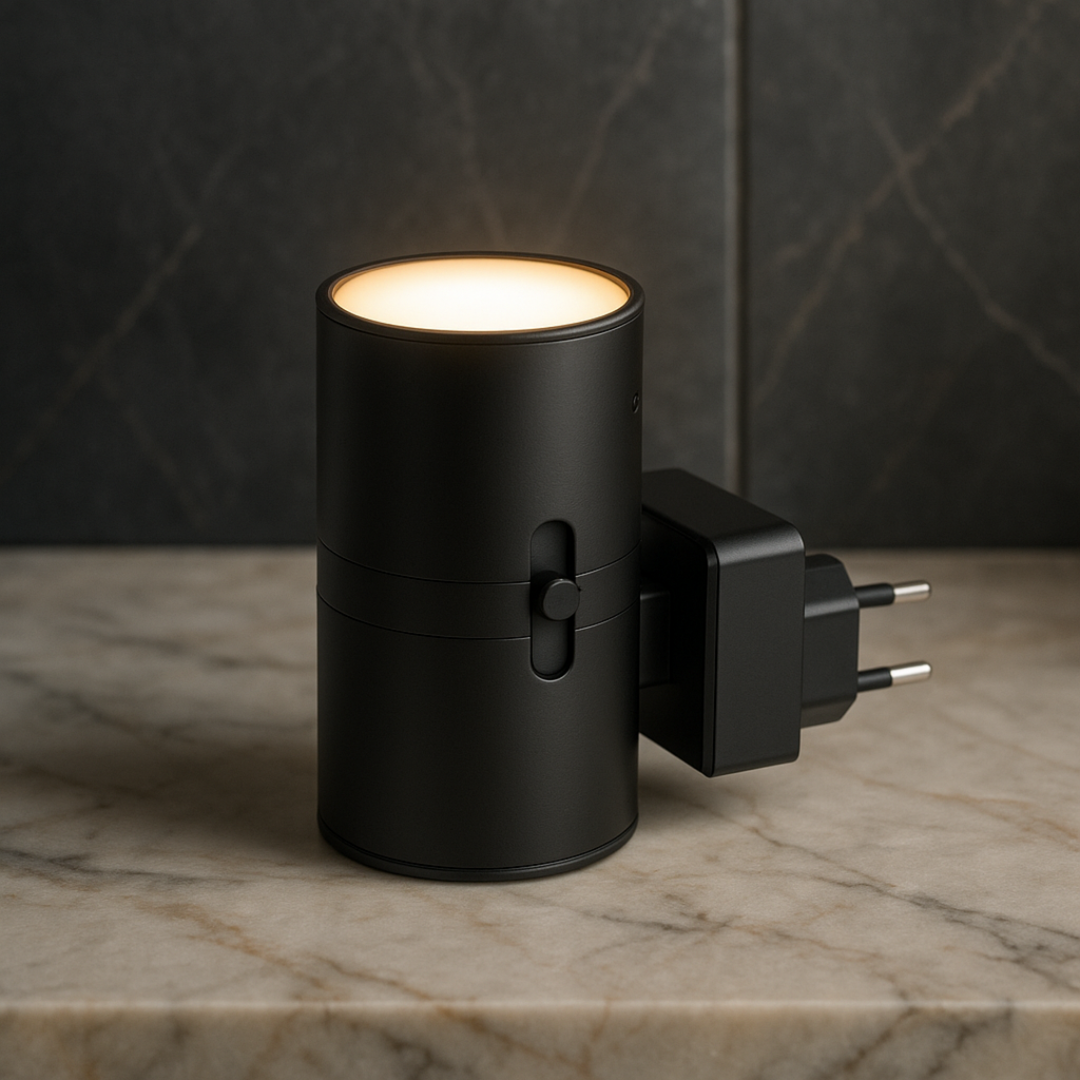 Black cylindrical plug-in night light detail with its slider switch and prongs, glowing warm on a marble surface.