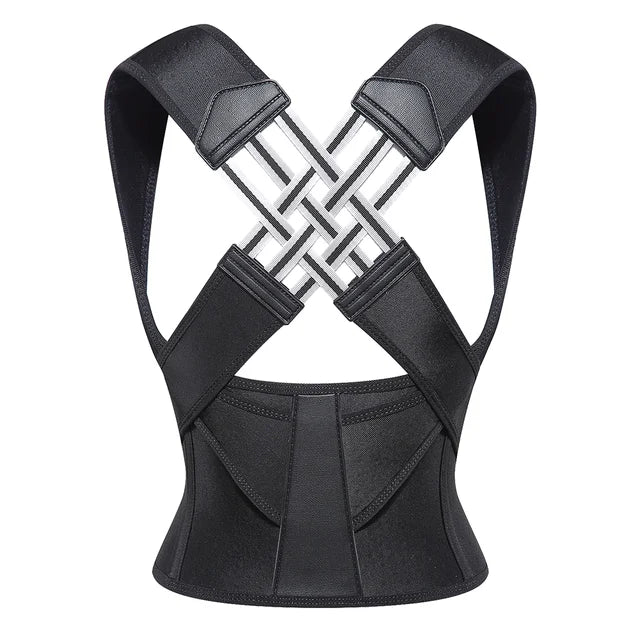 Black posture brace laid flat, back view, showing the woven crossed elastic bands, padded shoulder straps and lower back support panel. 10