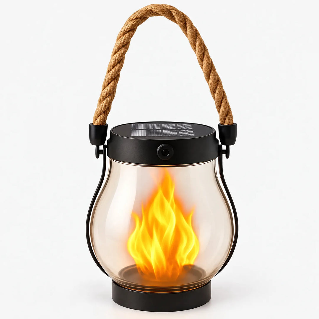 Clear glass lantern with a black solar-panel lid, rope handle and glowing flame effect on white 1