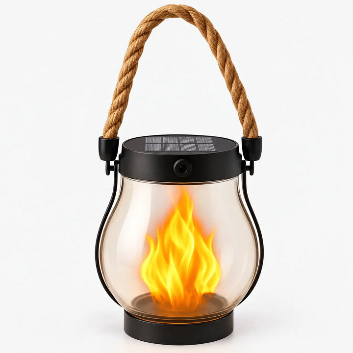 Clear glass lantern with a black solar-panel lid, rope handle and glowing flame effect on white 1