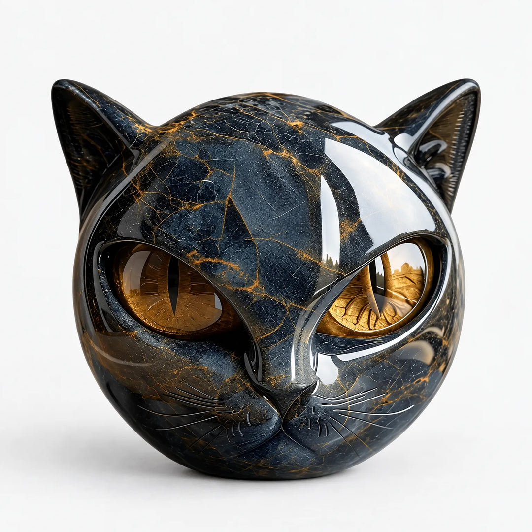 Glossy black marbled round cat head sculpture with amber eyes, front view on white background 1