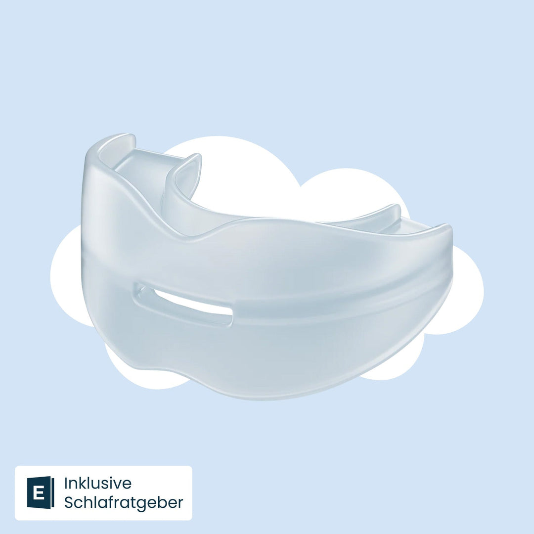 Clear translucent silicone recovery mouthpiece with a front vent slot on a blue cloud background.