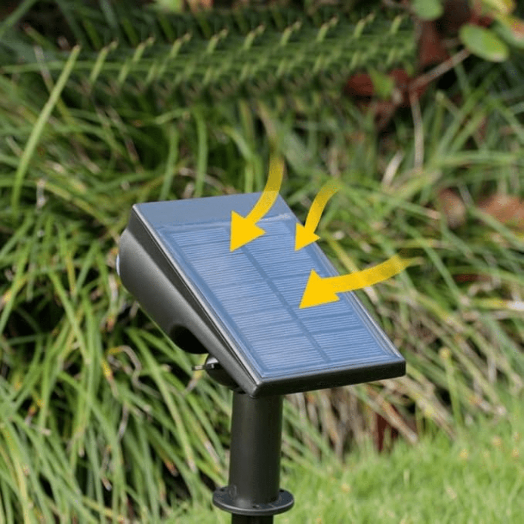 Detail of the tilted solar panel on top of the black light.